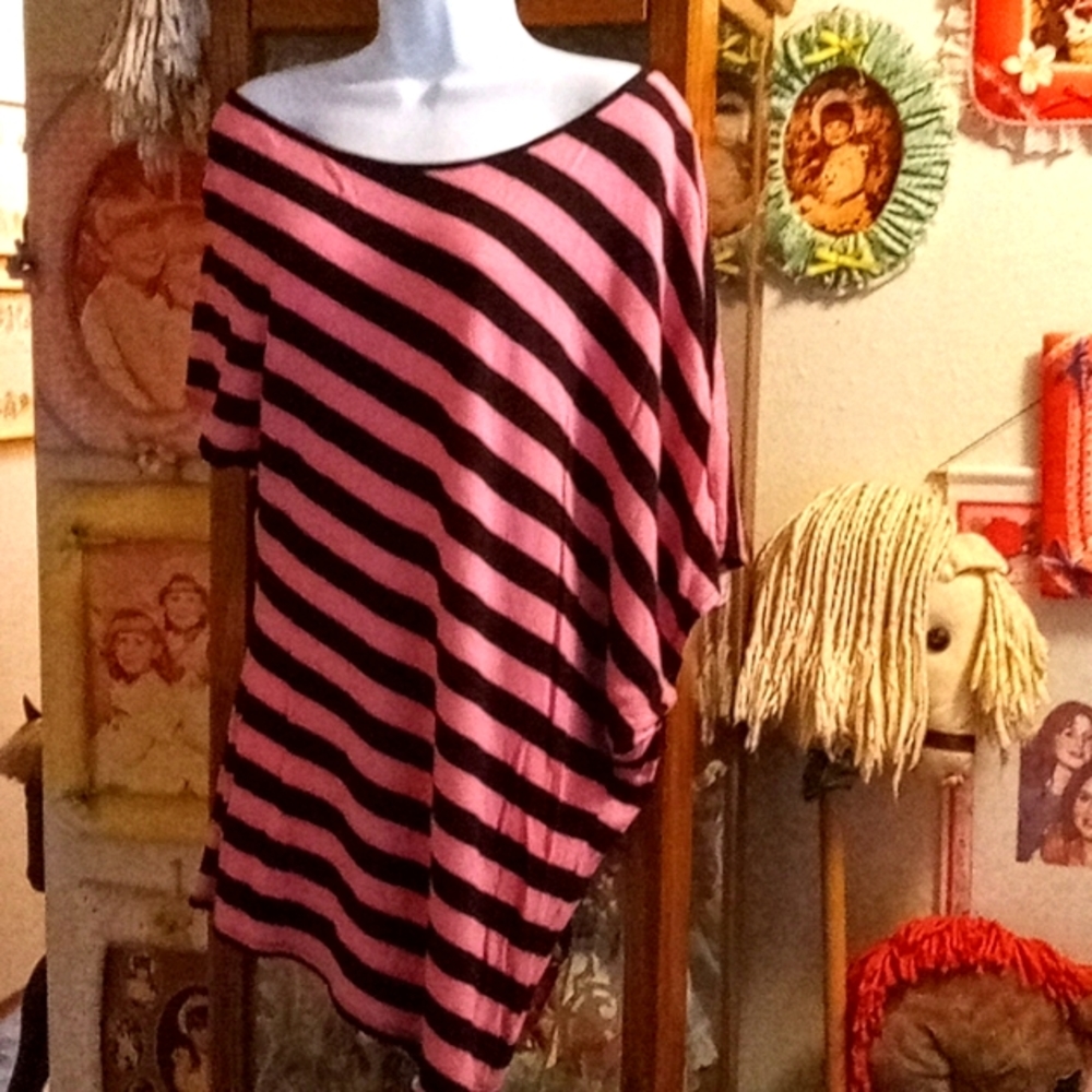Victoria's Secret,Sexy,Pink & Black,Striped,Asymmetrical, Off Shoulder, Top